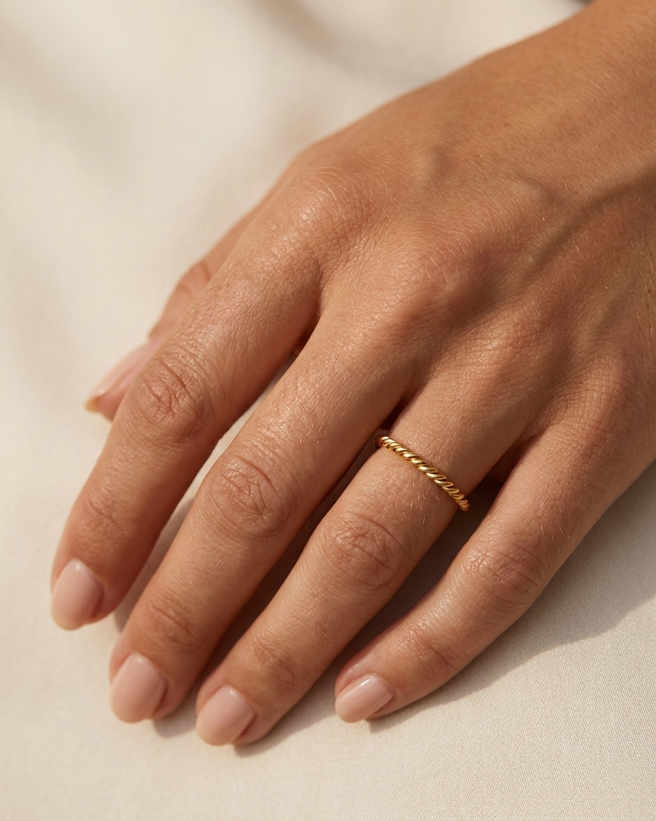 Sabine Ring worn on hand minimalist gold band