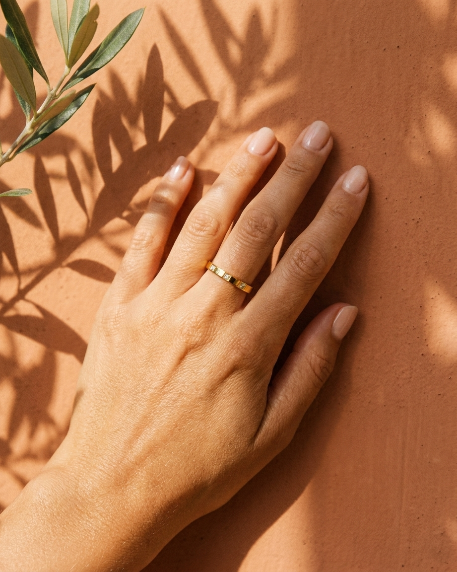 Calla Stacking Ring on hand Mediterranean lifestyle gold