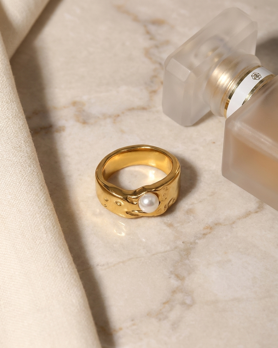 Bianca Pearl Ring flatlay on marble pearls