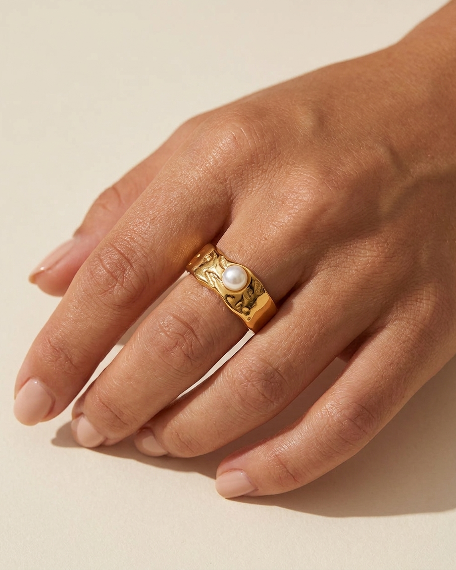 Bianca Pearl Ring worn on hand chunky gold pearl