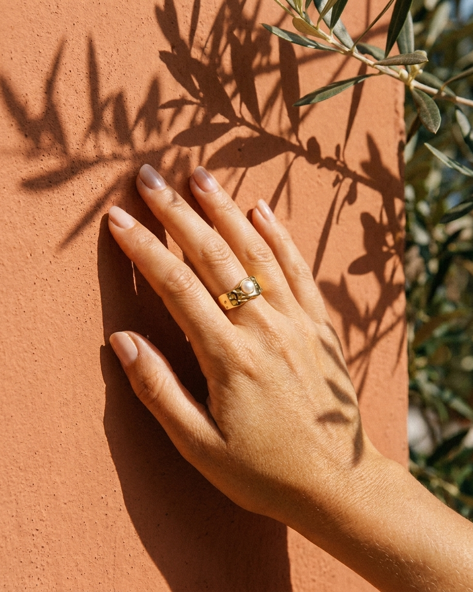 Bianca Pearl Ring on hand Mediterranean lifestyle chunky gold