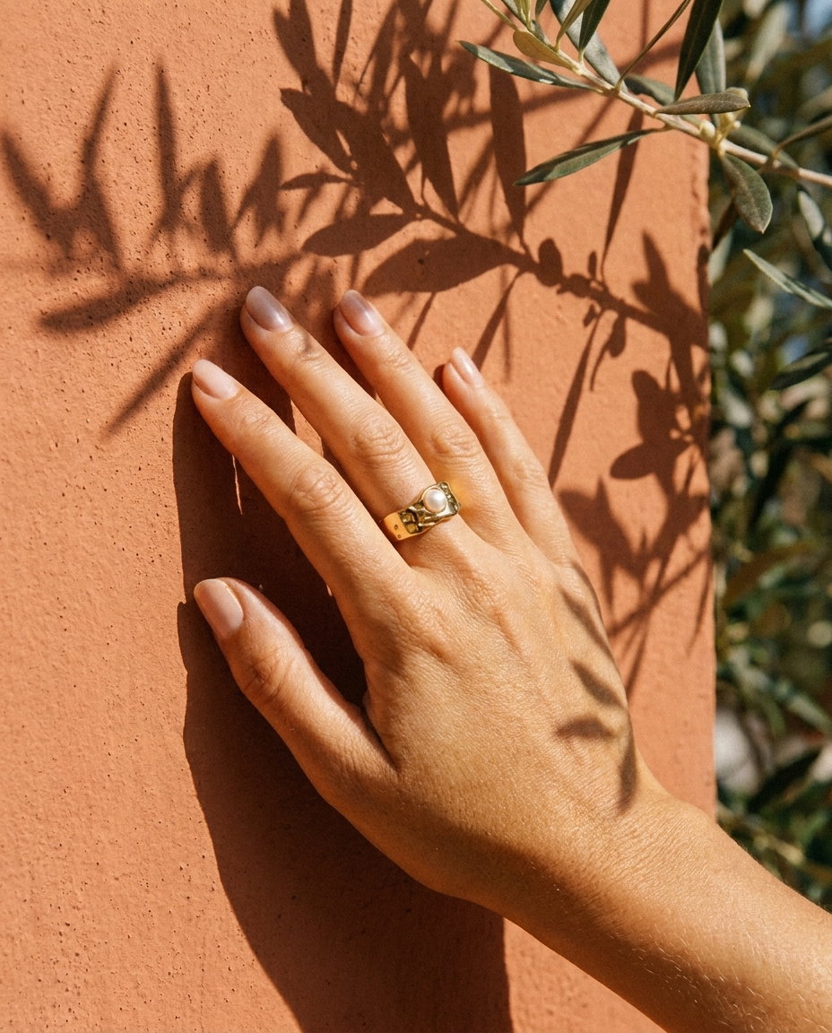 Bianca Pearl Ring on hand Mediterranean lifestyle chunky gold