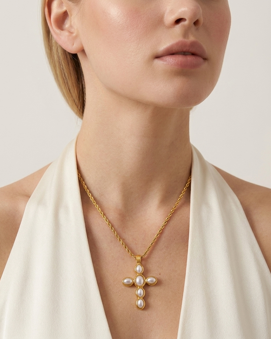 Liora Cross Necklace worn on neckline gold cross