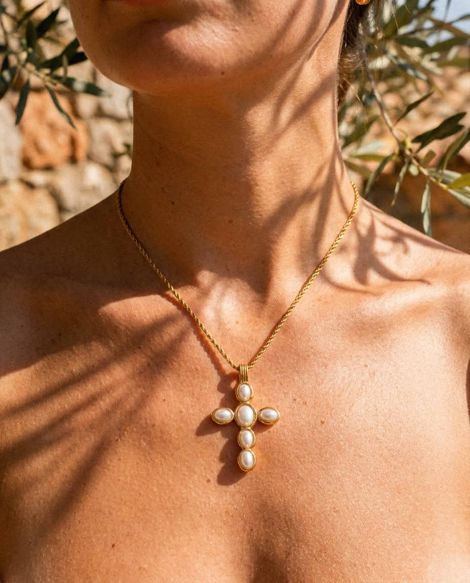 Liora Cross Necklace on decolletage Mediterranean lifestyle