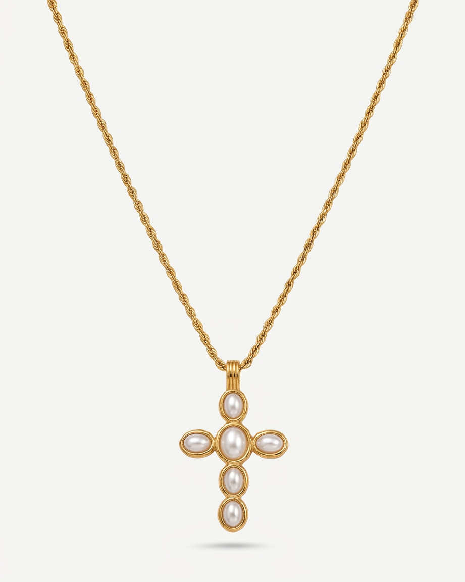 Liora Cross Necklace gold cross symmetric hero light grey