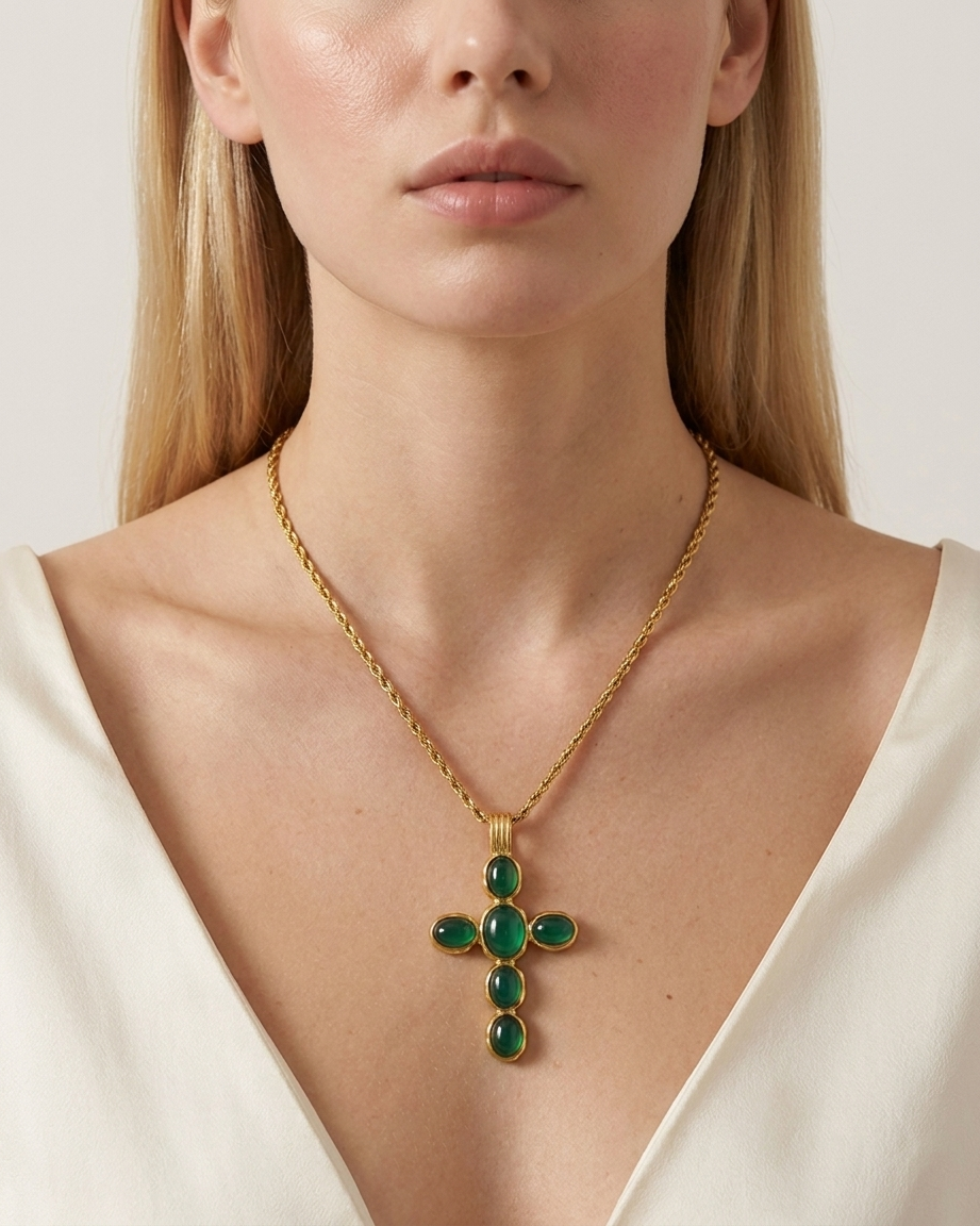 Anouk Cross Necklace worn on neckline gold cross