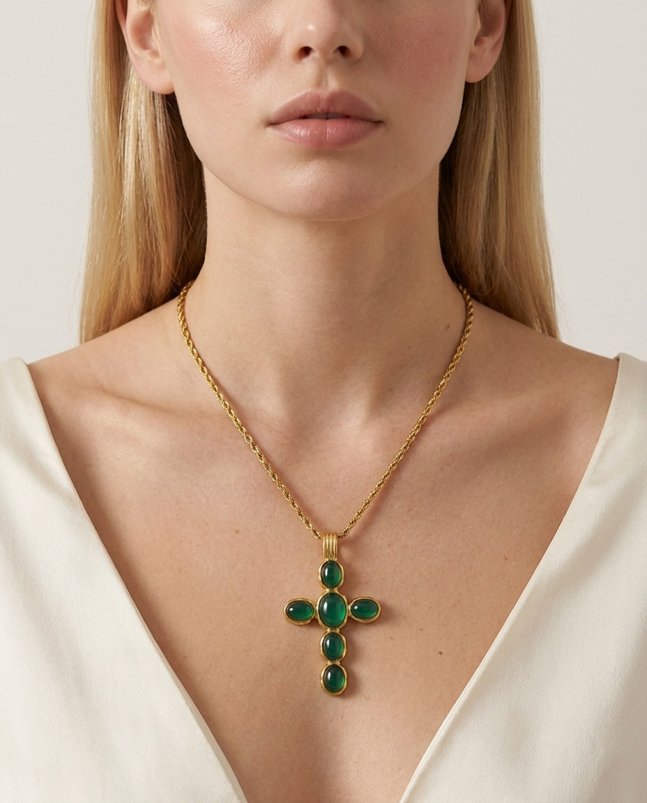 Anouk Cross Necklace worn on neckline gold cross
