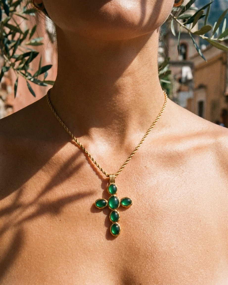 Anouk Cross Necklace on decolletage Mediterranean lifestyle