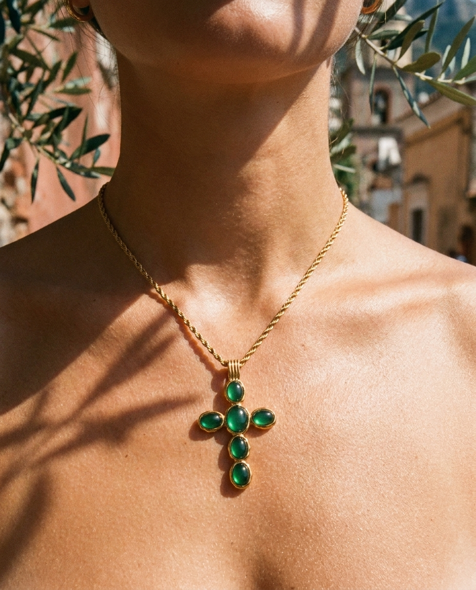 Anouk Cross Necklace on decolletage Mediterranean lifestyle