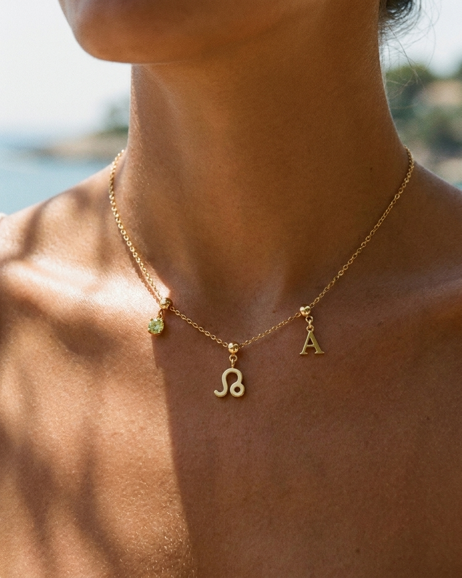 Leo zodiac charm necklace styled on model