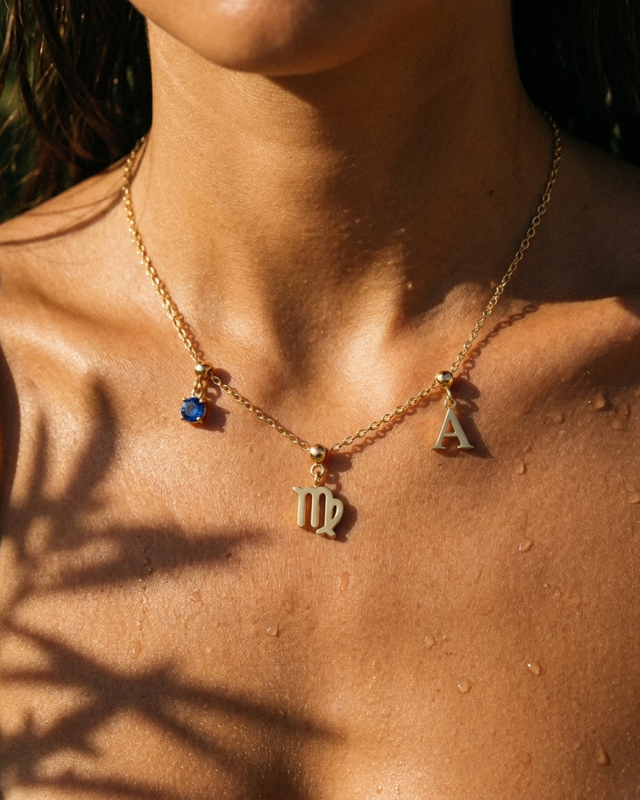 Virgo charm necklace worn, styled with birthstone and initial