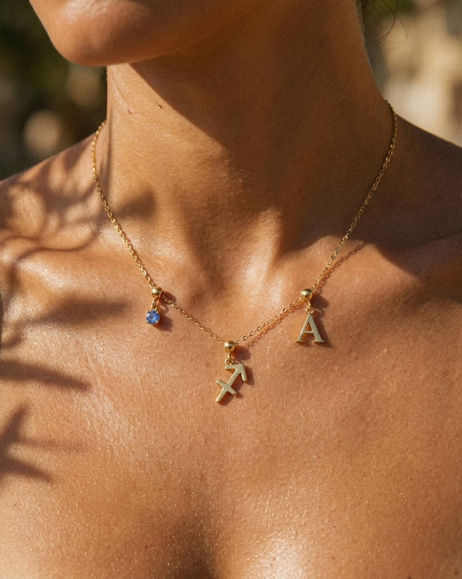Sagittarius zodiac charm necklace styled on model