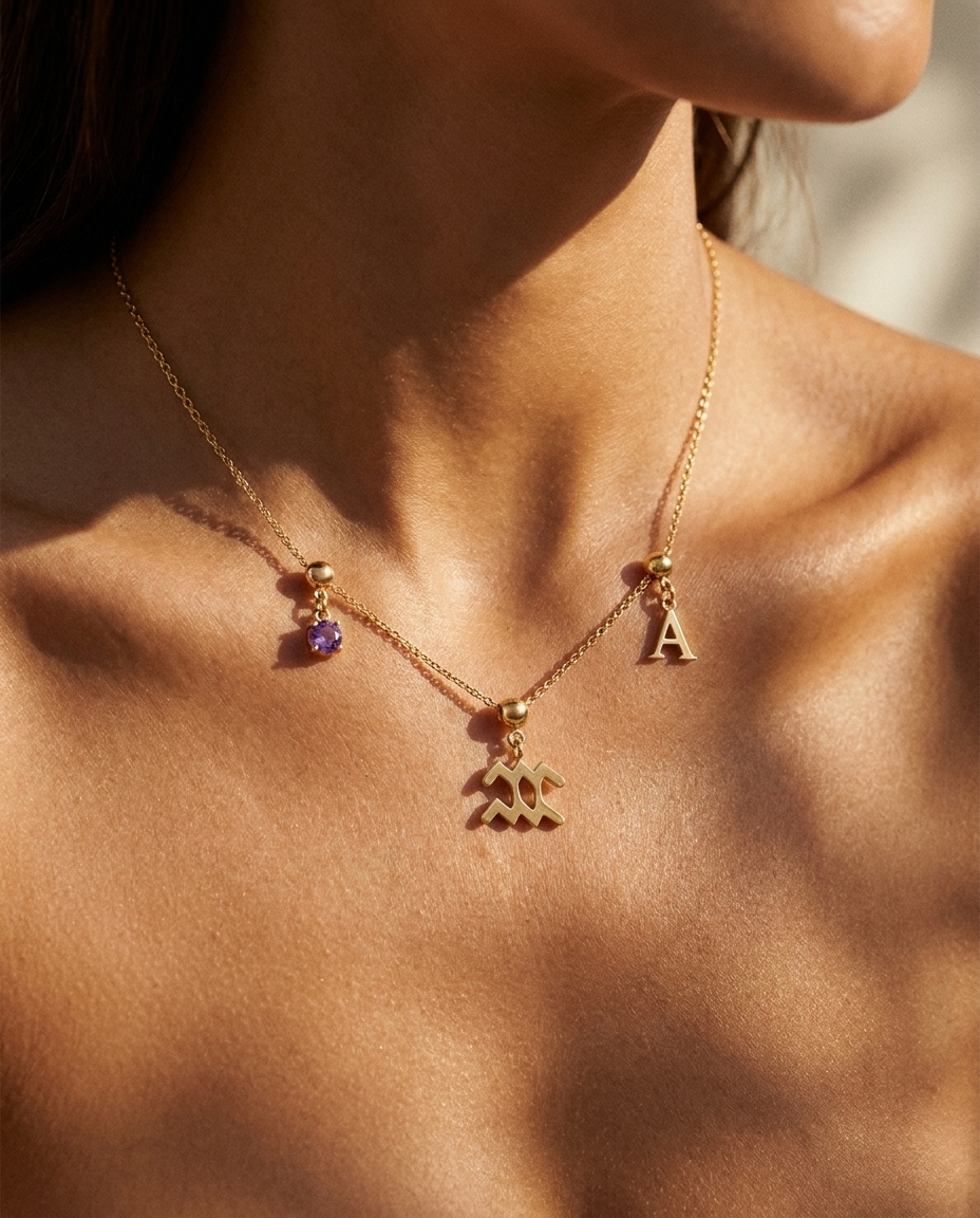 Aquarius zodiac charm necklace styled on model