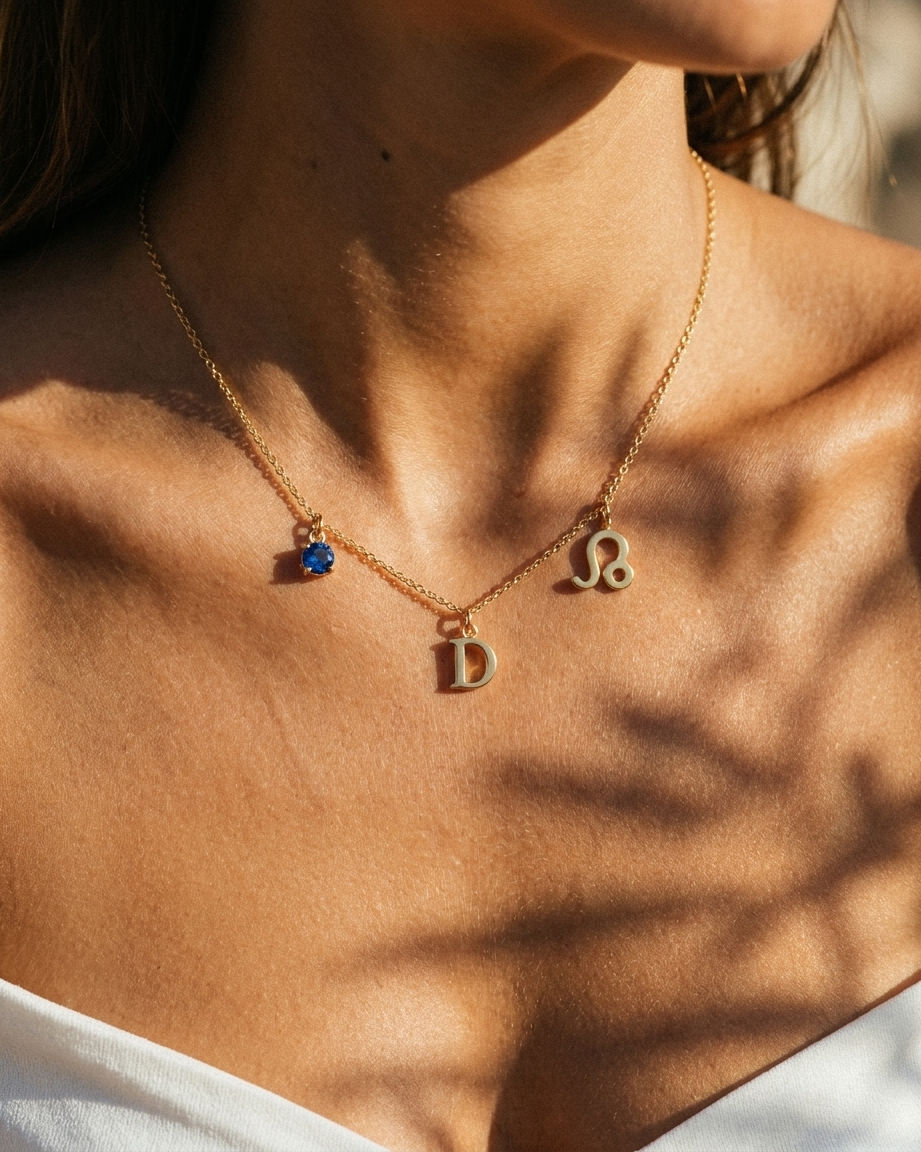 Gold initial D charm station necklace on model with Leo zodiac and sapphire