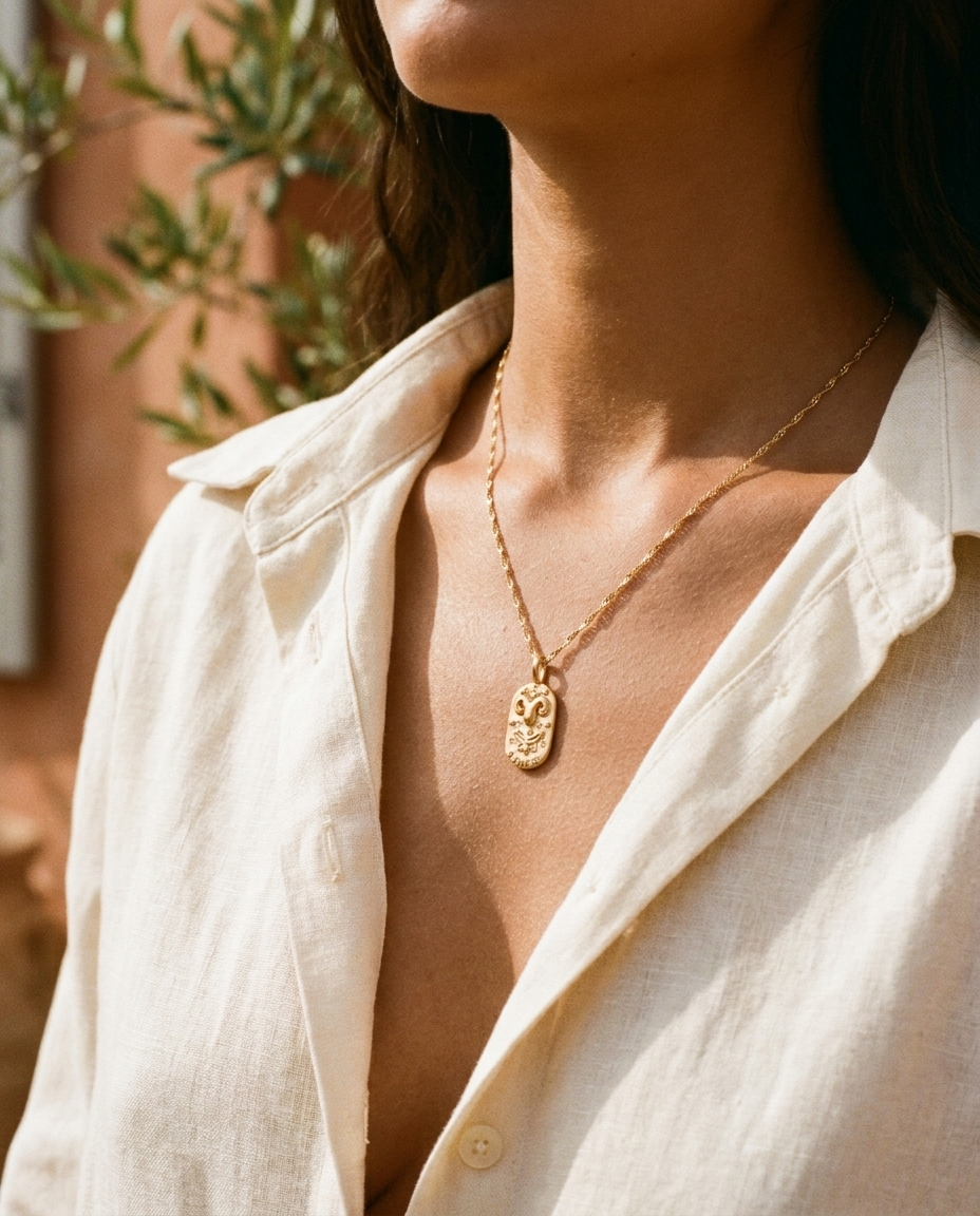 Gold zodiac Aries pendant necklace worn, warm Mediterranean crop