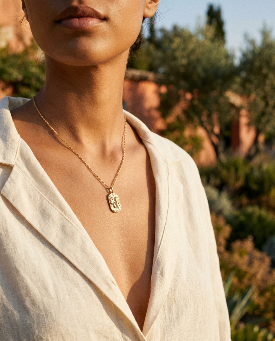 Gold zodiac Gemini pendant necklace worn, warm Mediterranean crop