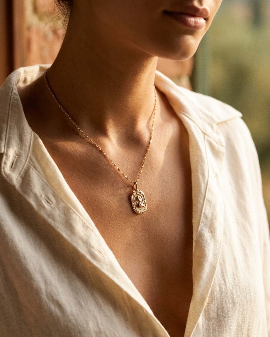 Gold zodiac Virgo pendant necklace worn, warm Mediterranean crop