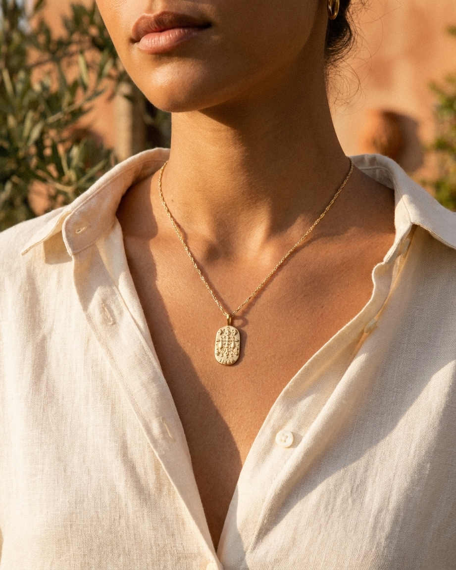Gold zodiac Libra pendant necklace worn, warm Mediterranean crop