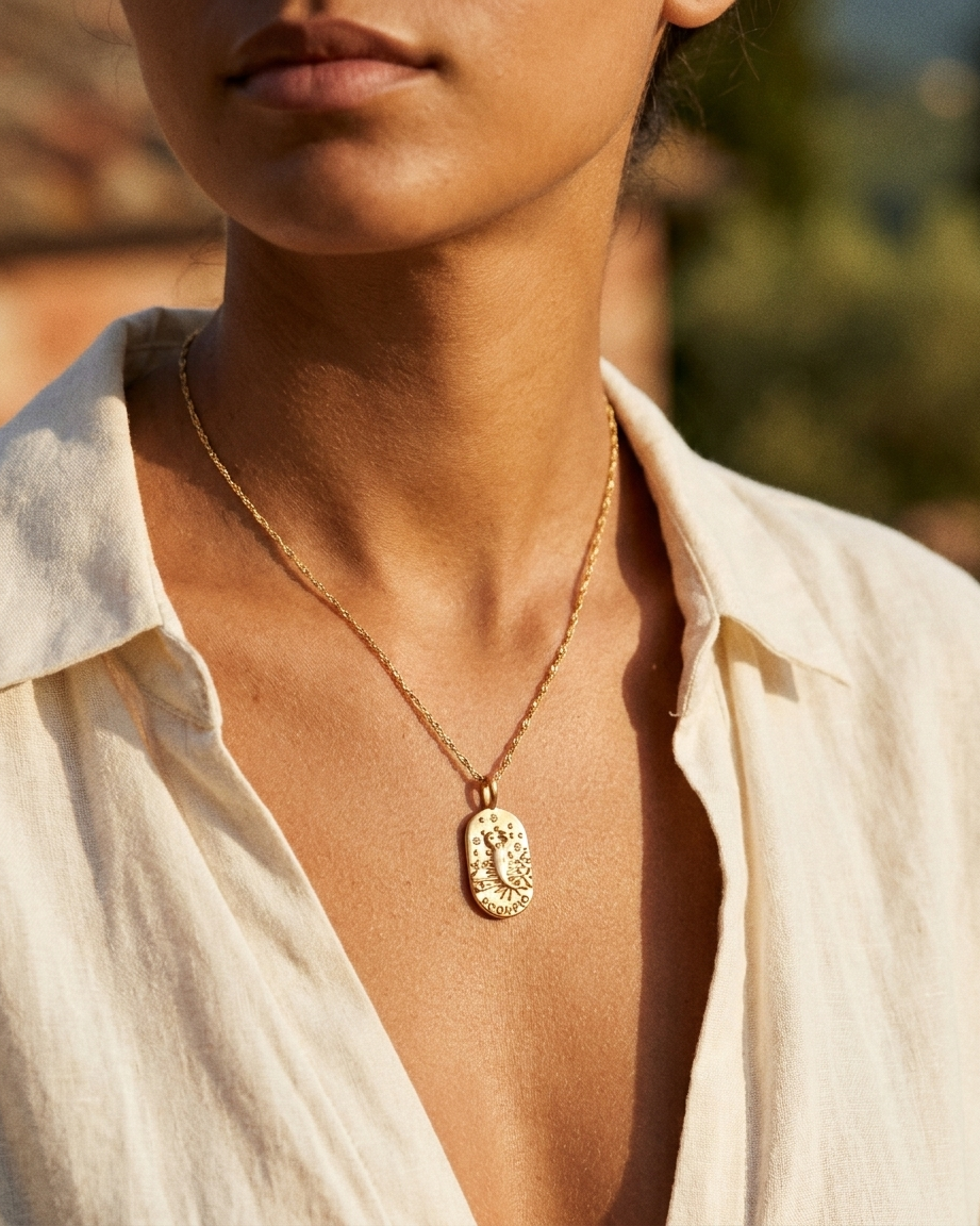 Gold zodiac Scorpio pendant necklace worn, warm Mediterranean crop