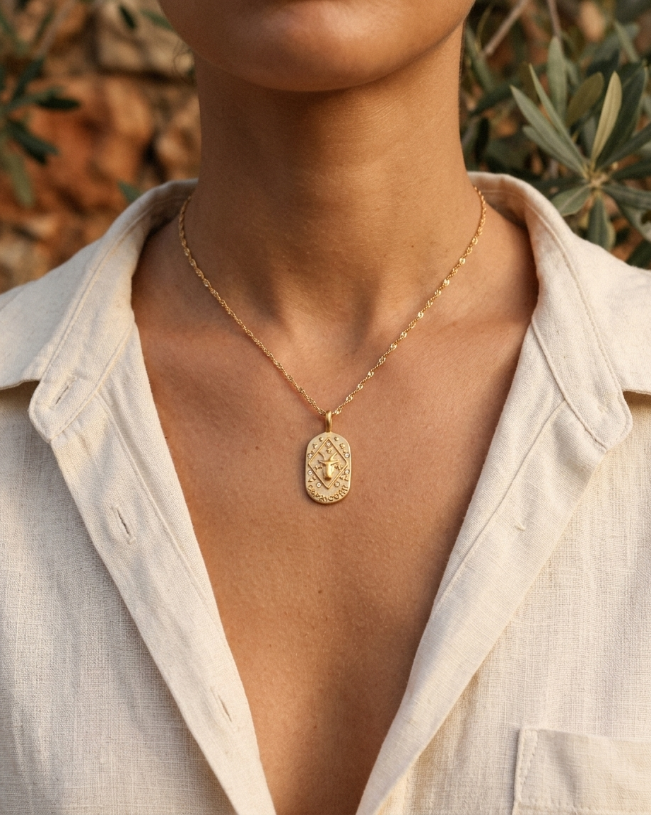 Gold zodiac Capricorn pendant necklace worn, warm Mediterranean crop