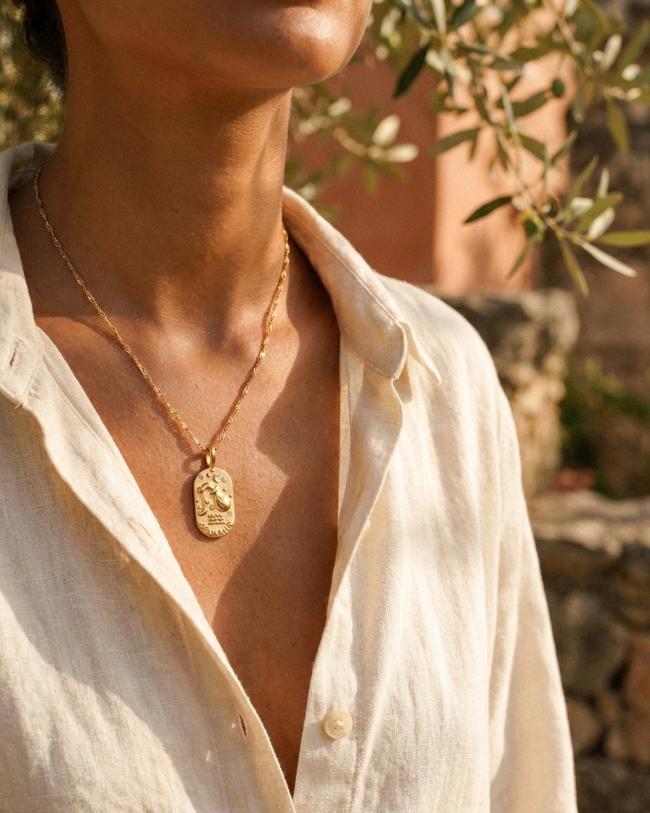 Gold zodiac Aquarius pendant necklace worn, warm Mediterranean crop