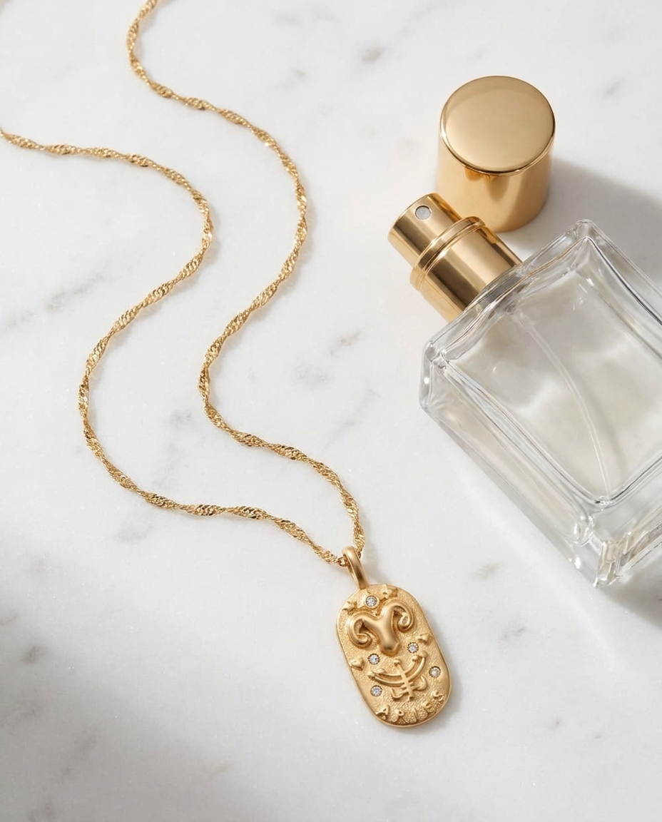 Gold zodiac Aries pendant necklace flatlay, marble