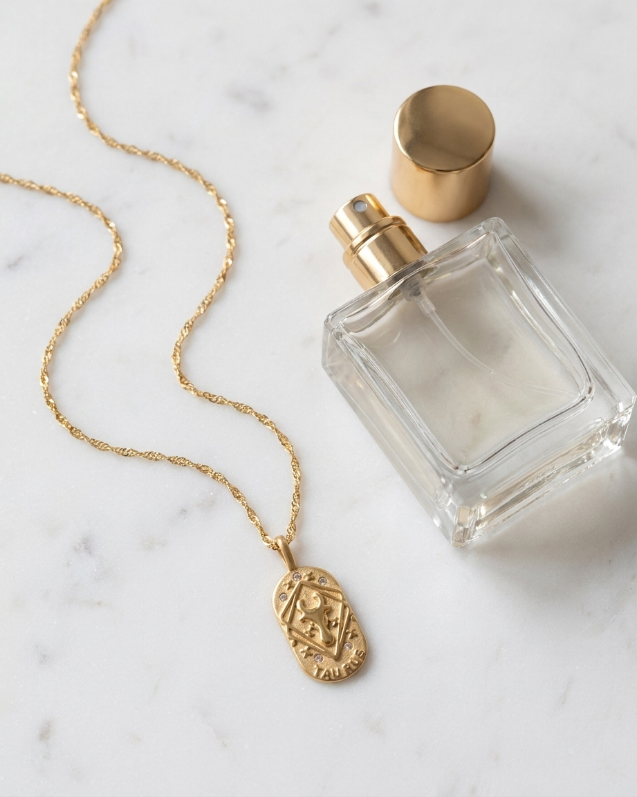Gold zodiac Taurus pendant necklace flatlay, marble