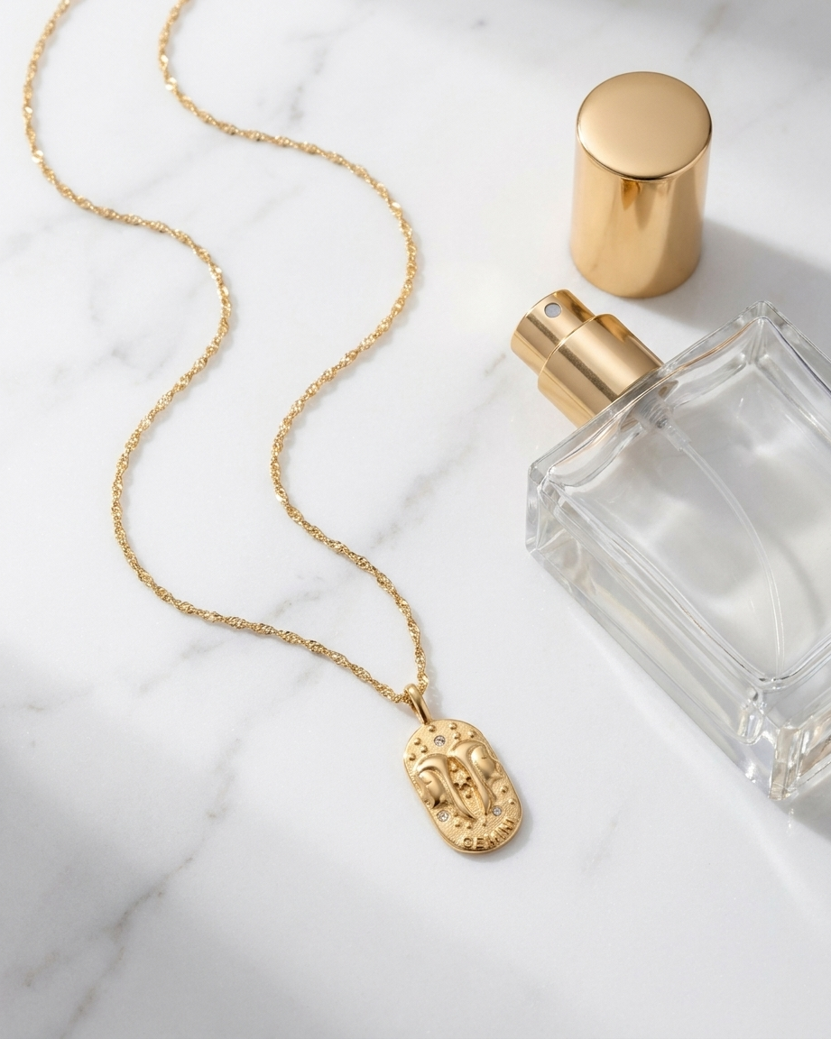 Gold zodiac Gemini pendant necklace flatlay, marble