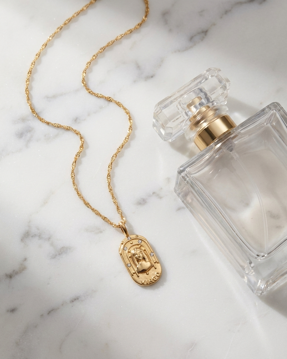 Gold zodiac Virgo pendant necklace flatlay, marble