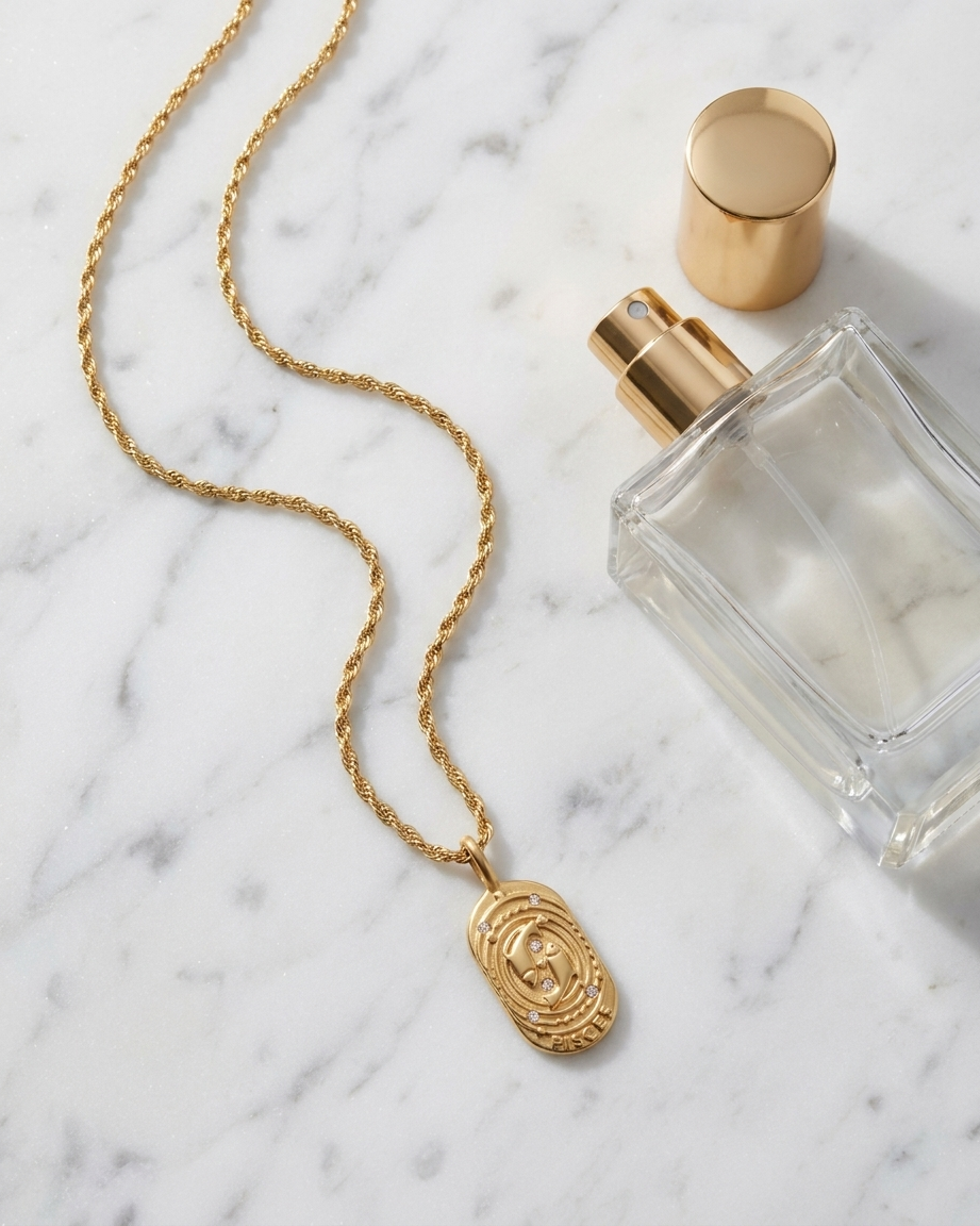Gold zodiac Pisces pendant necklace flatlay, marble