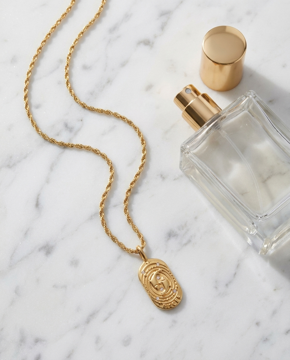 Gold zodiac Pisces pendant necklace flatlay, marble
