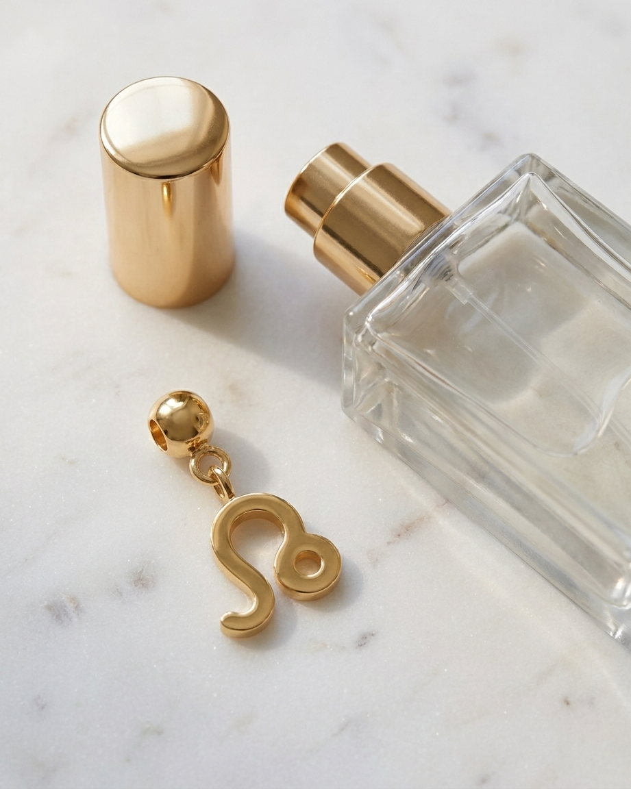 Gold zodiac Leo charm flatlay, marble