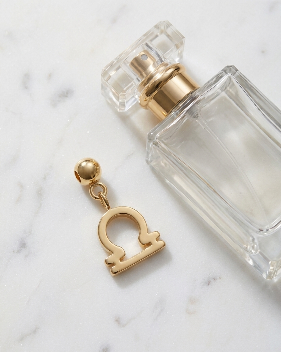 Gold zodiac Libra charm flatlay, marble