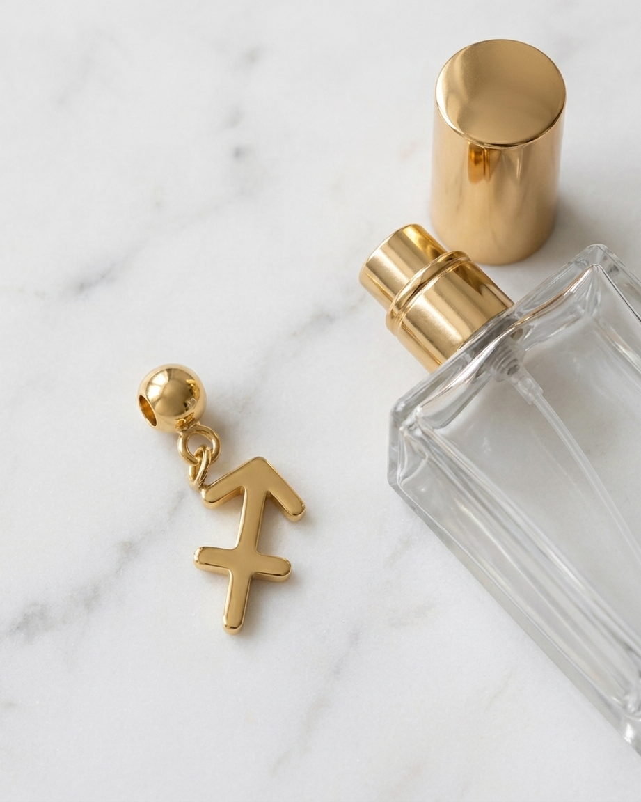 Gold zodiac Sagittarius charm flatlay, marble