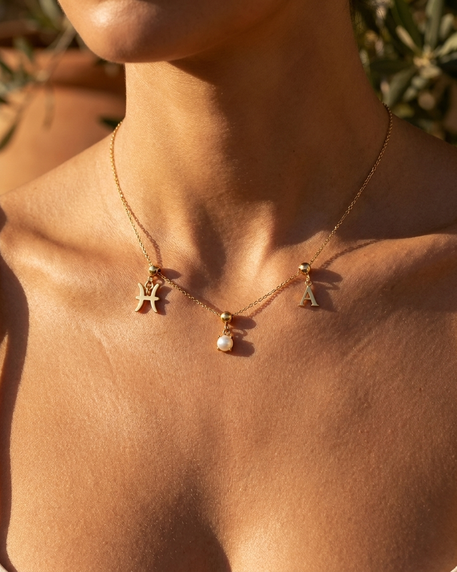June birthstone charm necklace worn, styled