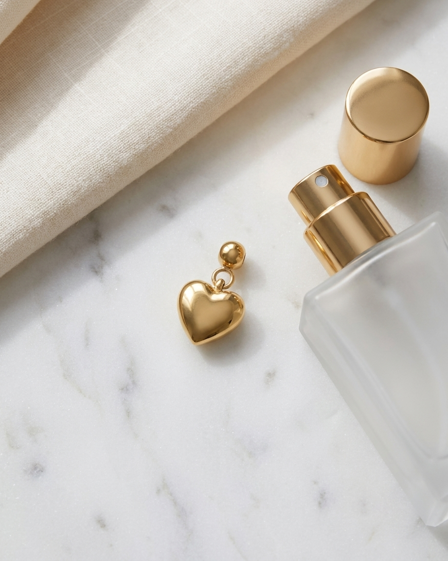 Gold heart charm flatlay, marble