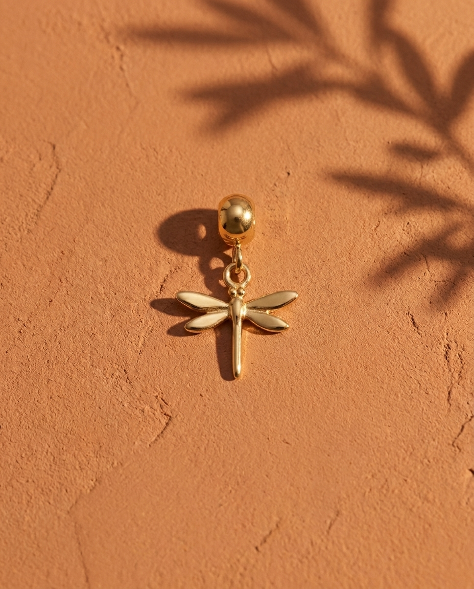 Gold dragonfly charm flatlay, terracotta