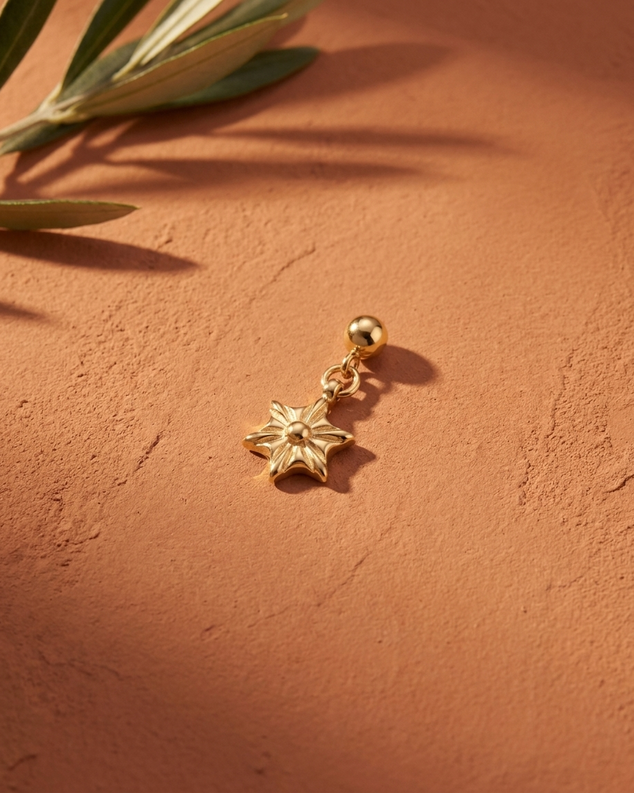 Gold sunburst star charm flatlay, terracotta