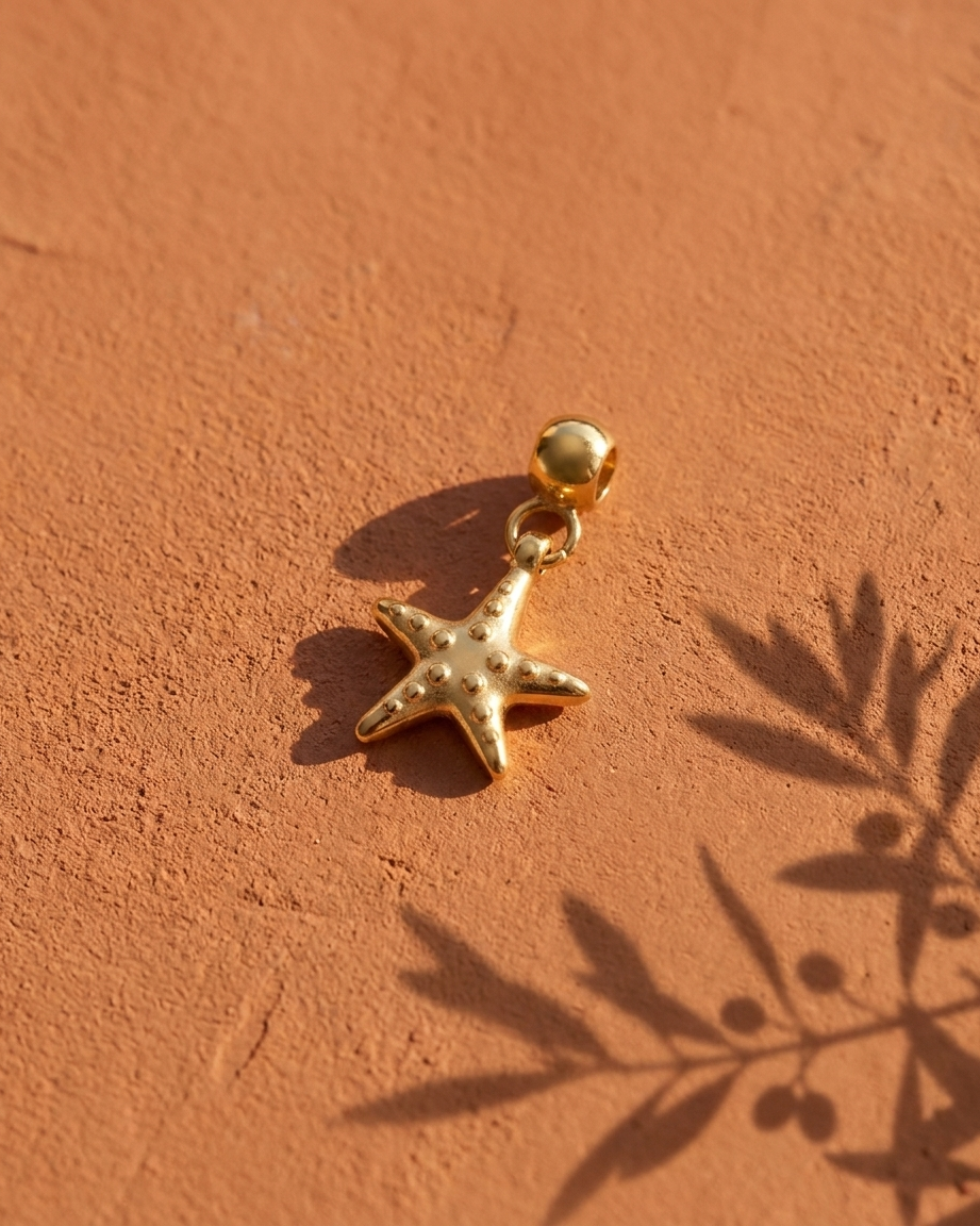 Gold starfish charm flatlay, terracotta