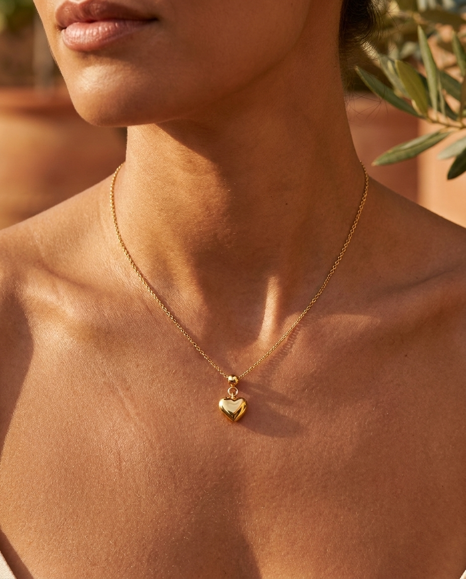 Gold heart charm on a fine gold chain necklace, worn