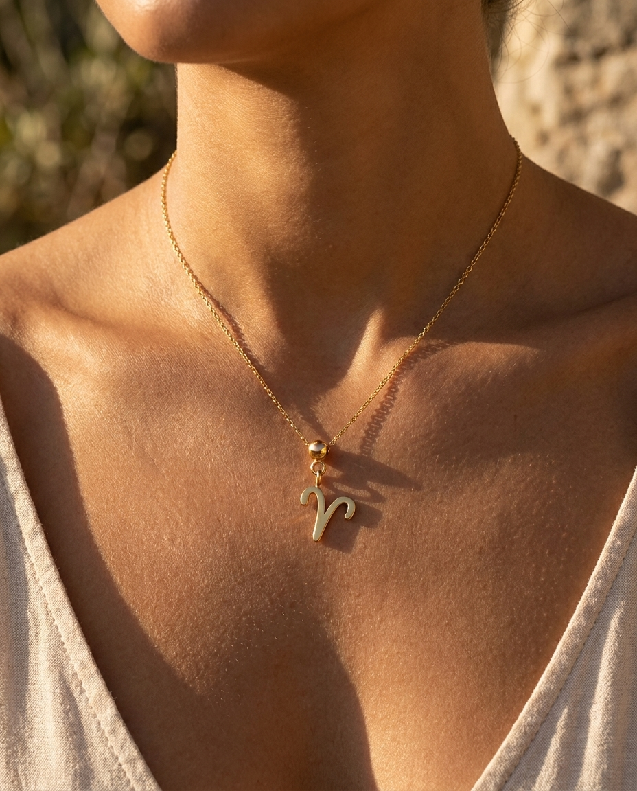 Aries gold zodiac charm on a fine gold chain necklace, worn