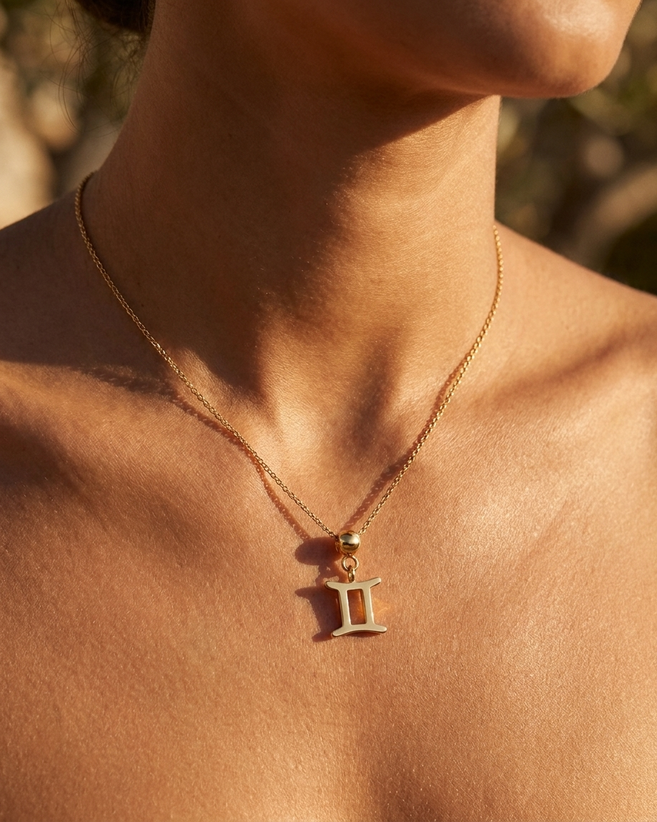 Gemini gold zodiac charm on a fine gold chain necklace, worn