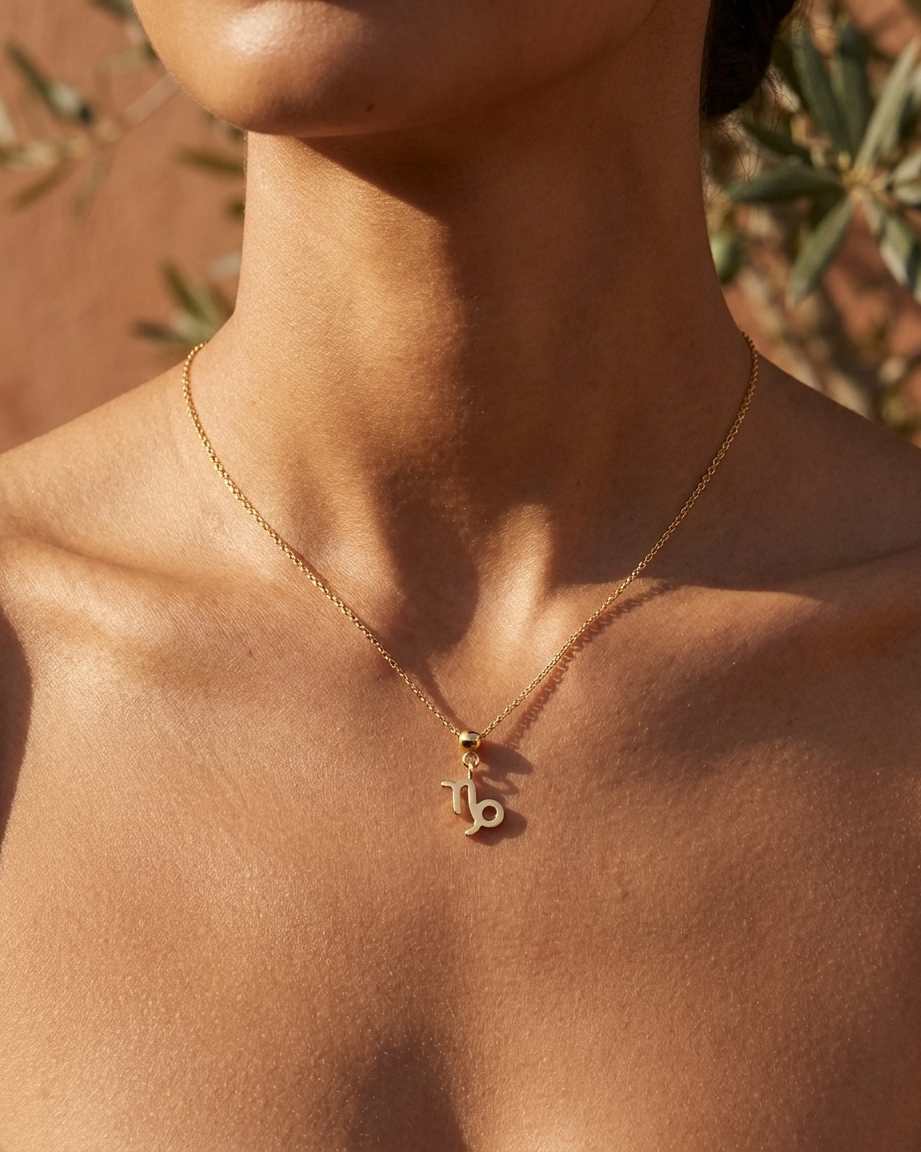 Capricorn gold zodiac charm on a fine gold chain necklace, worn
