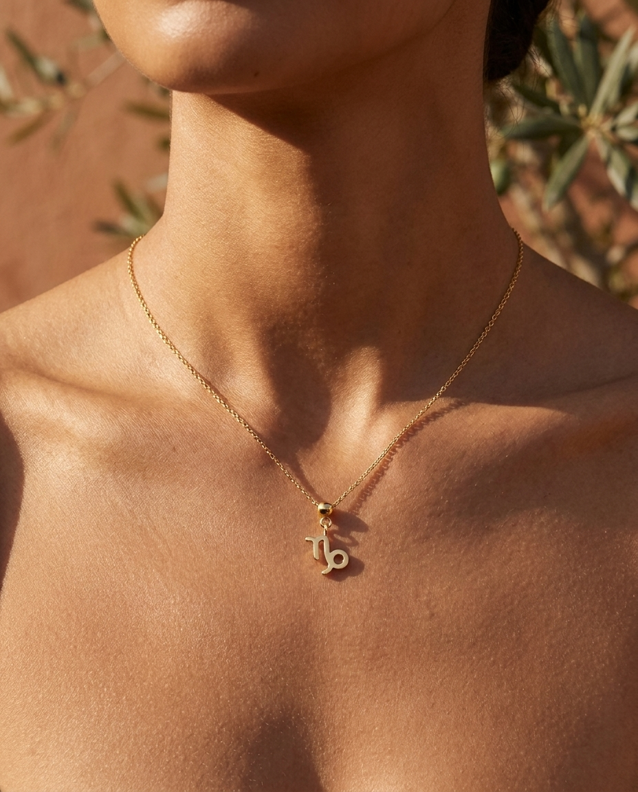Capricorn gold zodiac charm on a fine gold chain necklace, worn