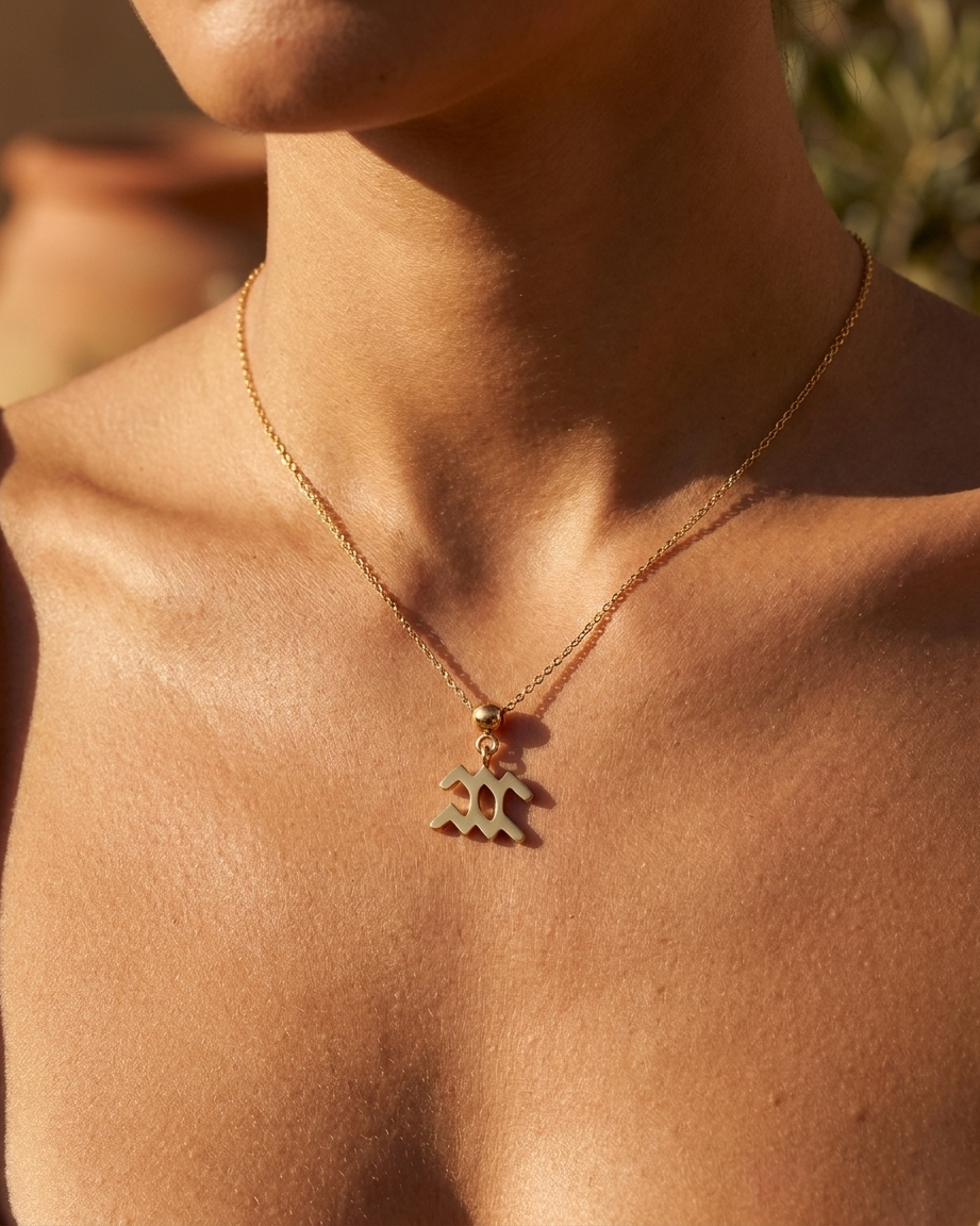 Aquarius gold zodiac charm on a fine gold chain necklace, worn