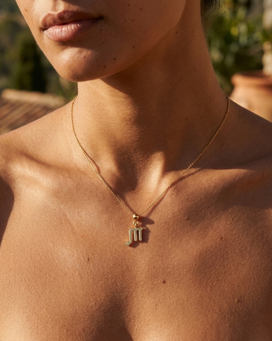 Scorpio gold zodiac charm on a fine gold chain necklace, worn