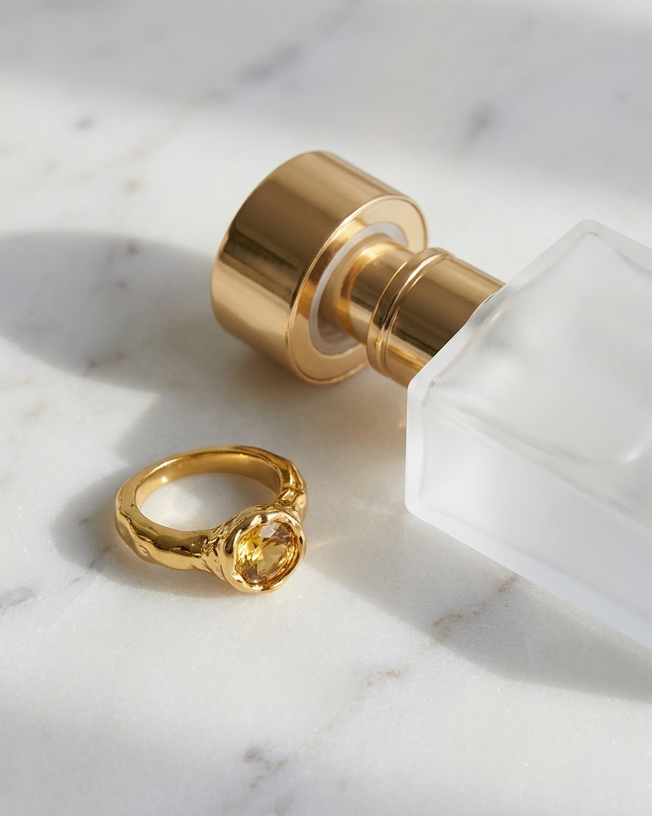 Soleia Citrine Ring flatlay on marble