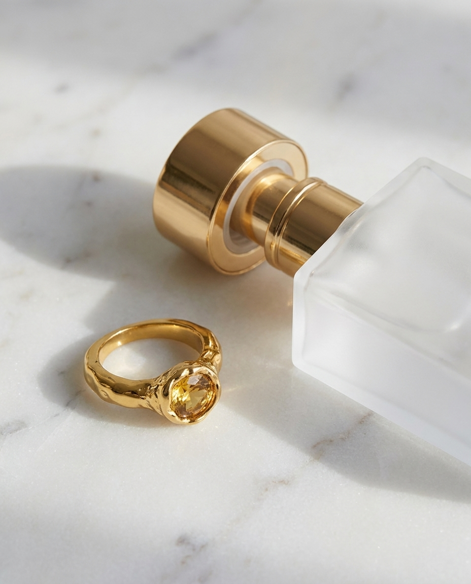 Soleia Citrine Ring flatlay on marble