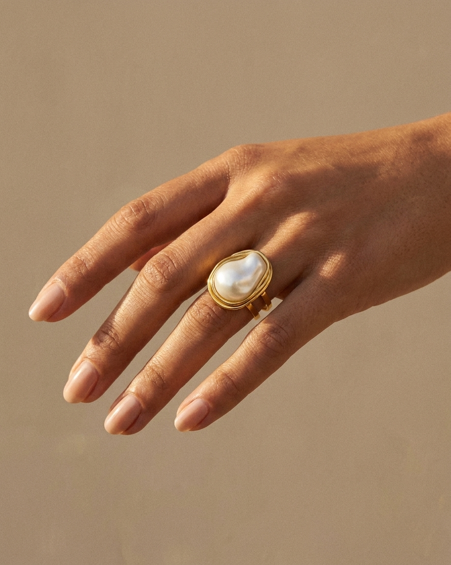 Camelia Gold Pearl Ring worn on hand