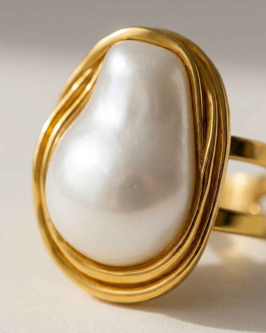 Camelia Gold Pearl Ring macro detail